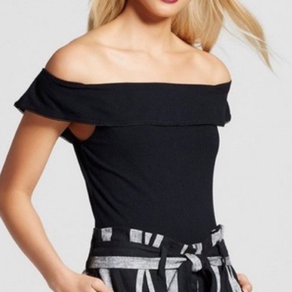 Who What Wear Black Ribbed Bardot Off Shoulder Bodysuit 4X